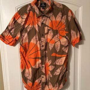 Volcom Men's Shirt with Orange and Brown Floral Pattern